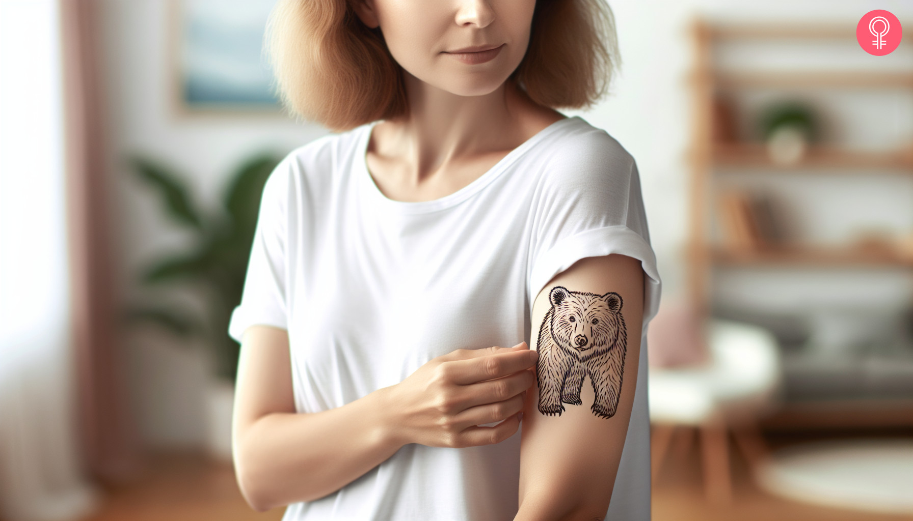 A woman with an outline mama bear tattoo on her upper arm