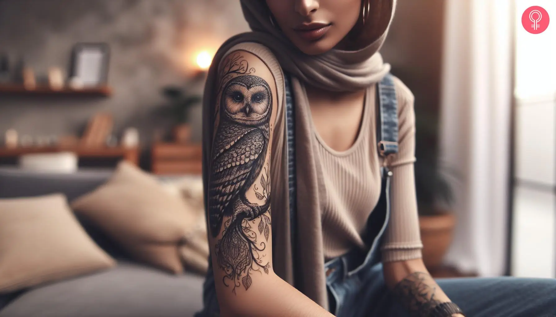 A woman with an owl sketch tattoo on her arm