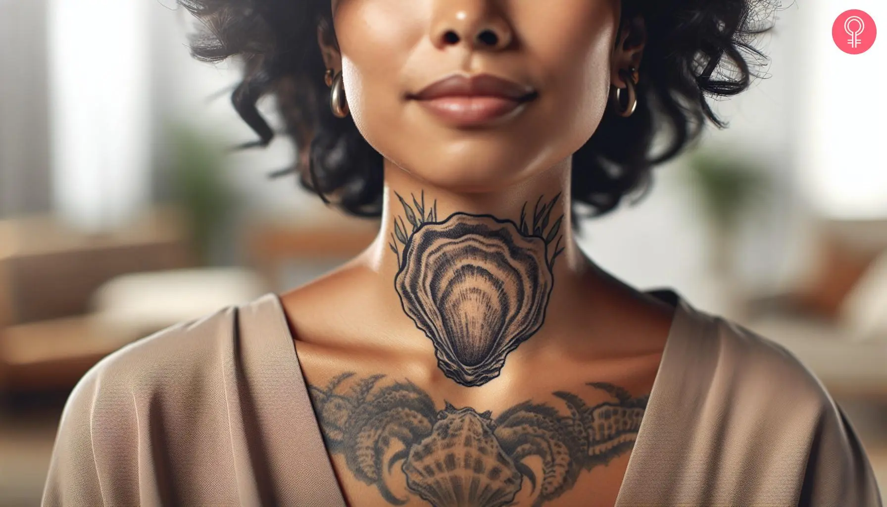 A woman with a black oyster tattoo on her neck