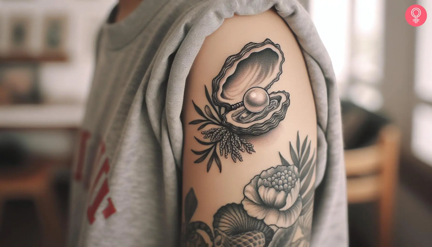 A woman with a black-hued oyster pearl tattoo on her upper arm