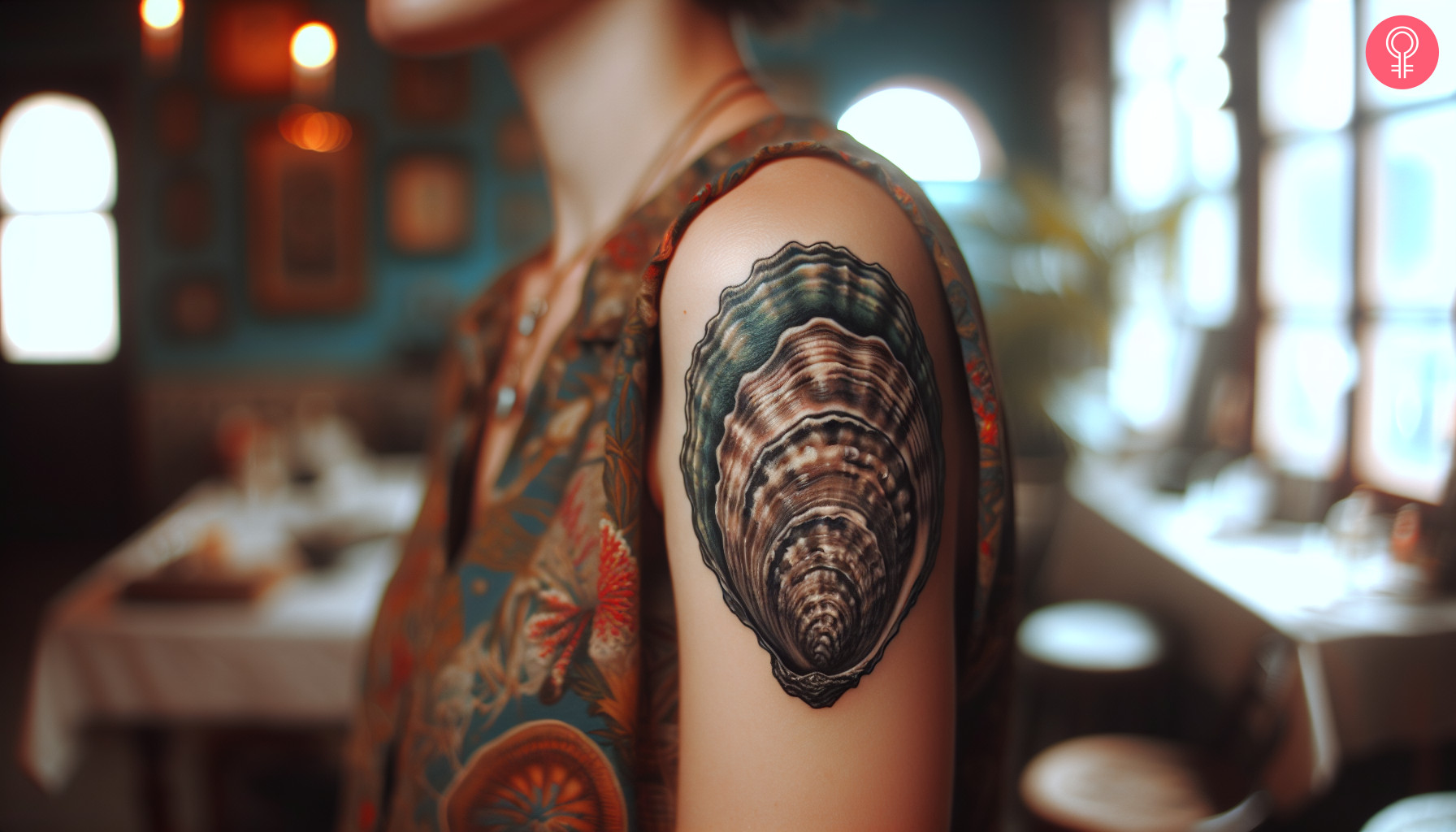 A woman with a simple oyster tattoo on her upper arm