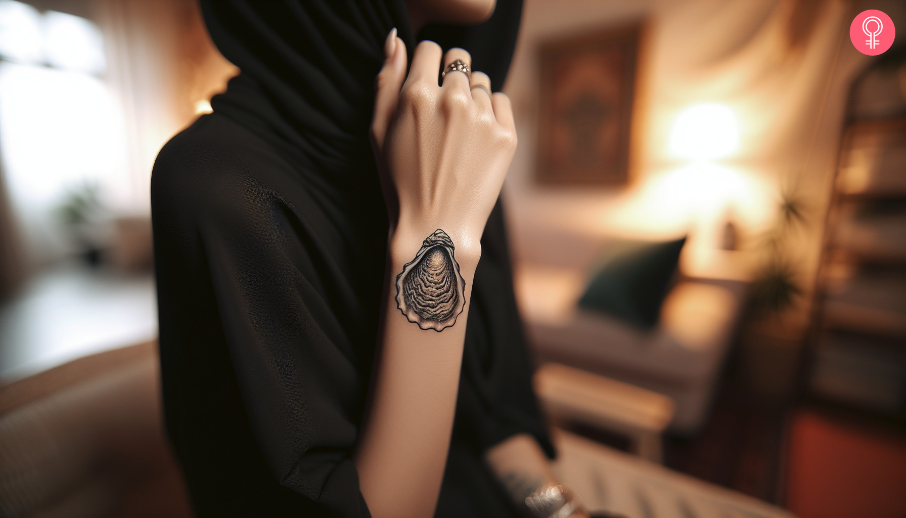 A woman with a simple, black ink oyster tattoo on her wrist