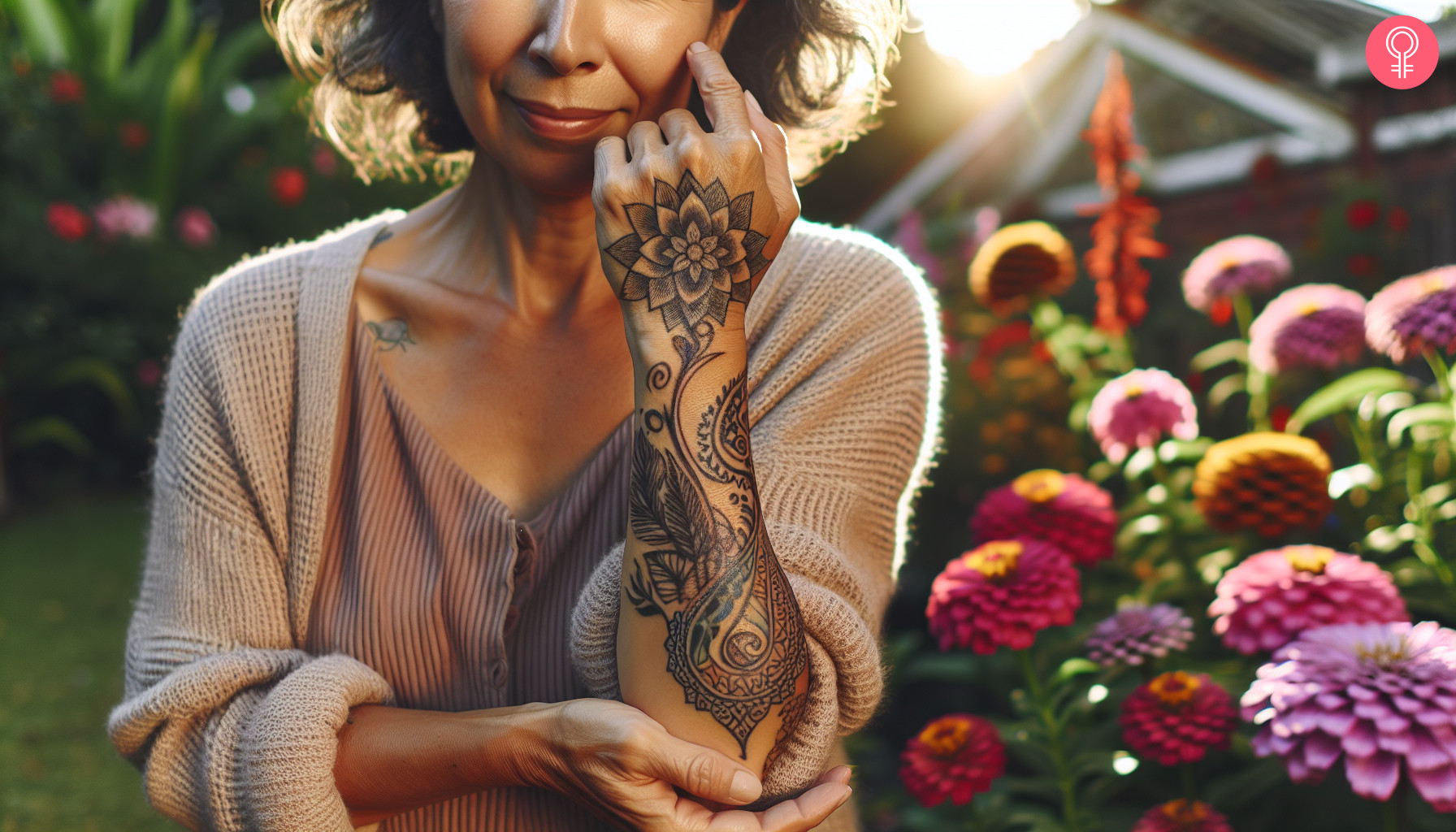 A woman with a paisley flower tattoo on the lower arm