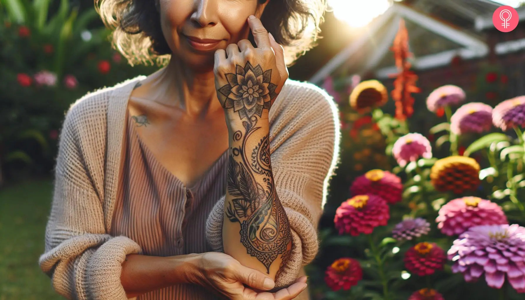 A woman with a paisley flower tattoo on the lower arm