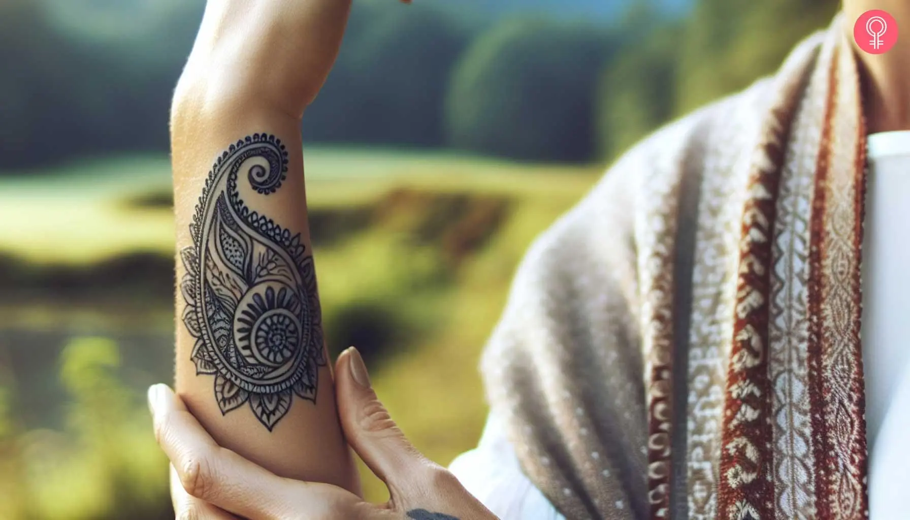 A woman with a black paisley pattern tattoo on the wrist