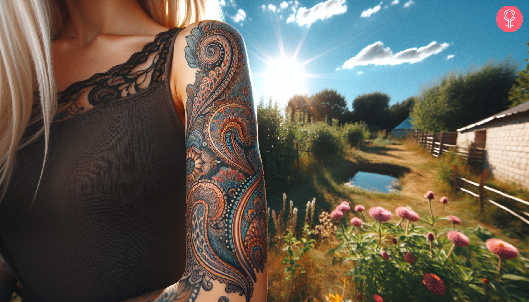 A woman with a colorful paisley print tattoo on the upper arm