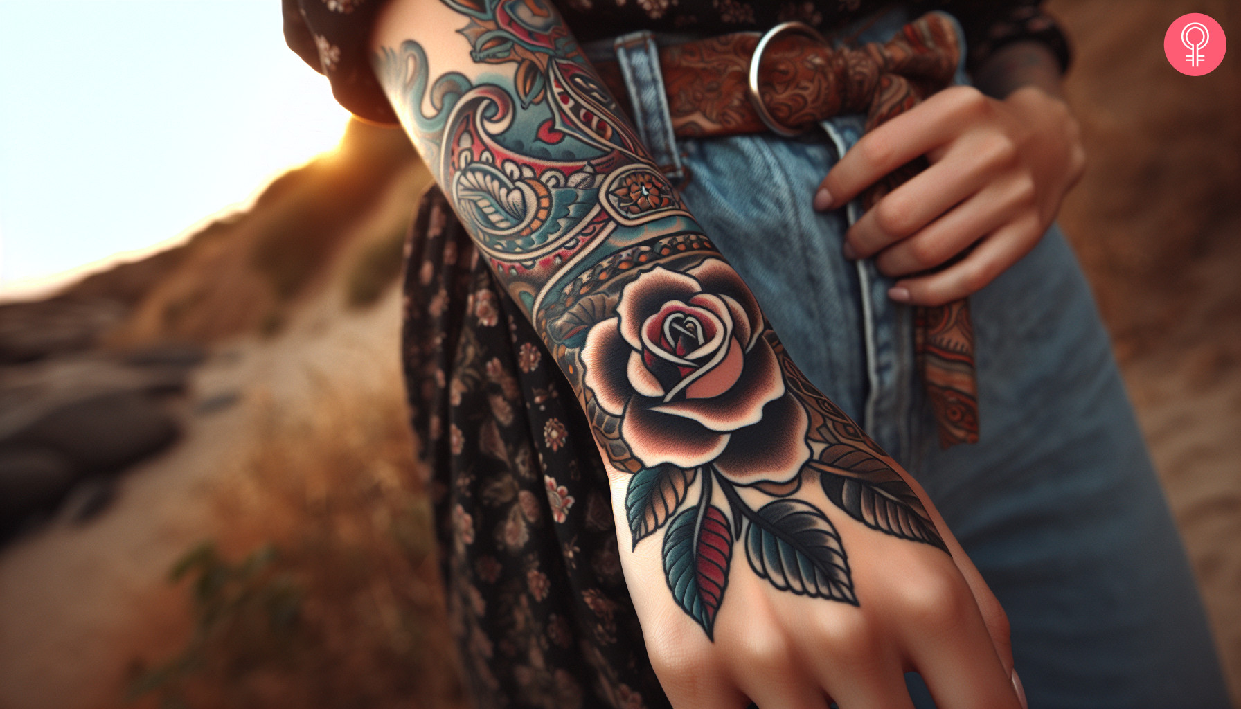 A woman with a paisley rose tattoo on the lower arm