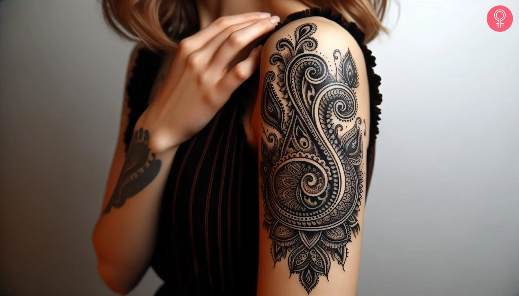 A woman with an elegant arm paisley tattoo