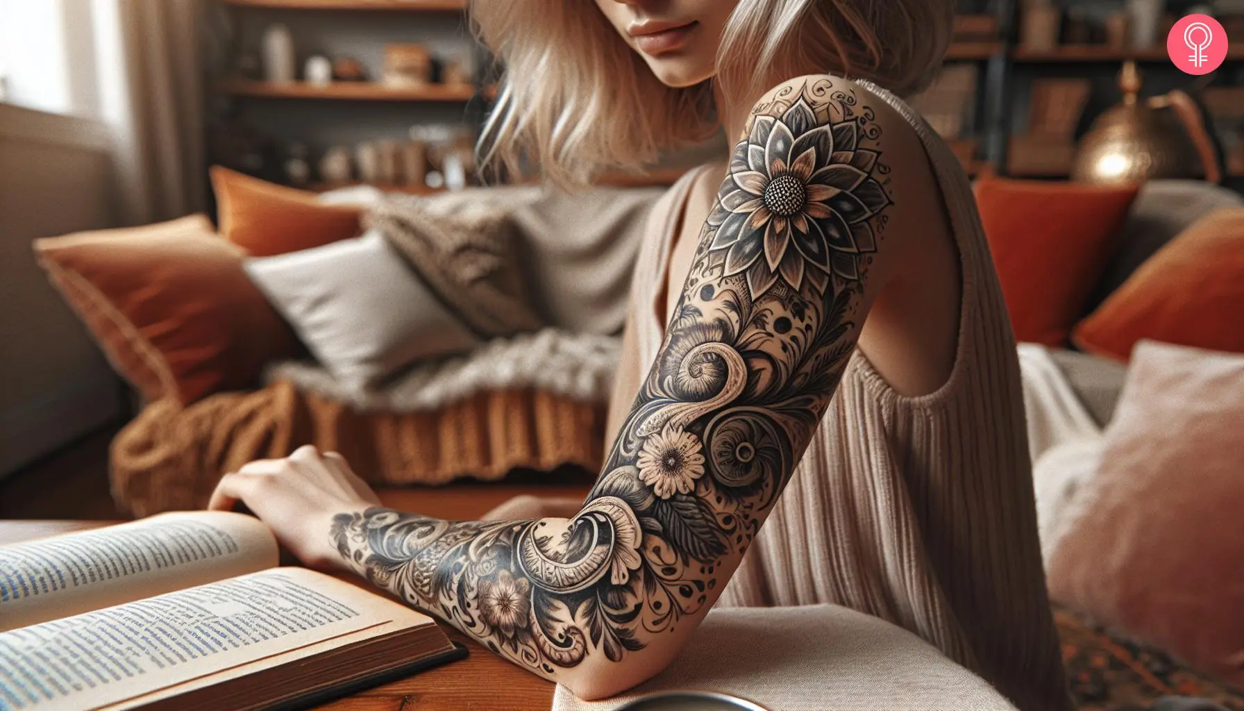 A woman with a paisley tattoo sleeve