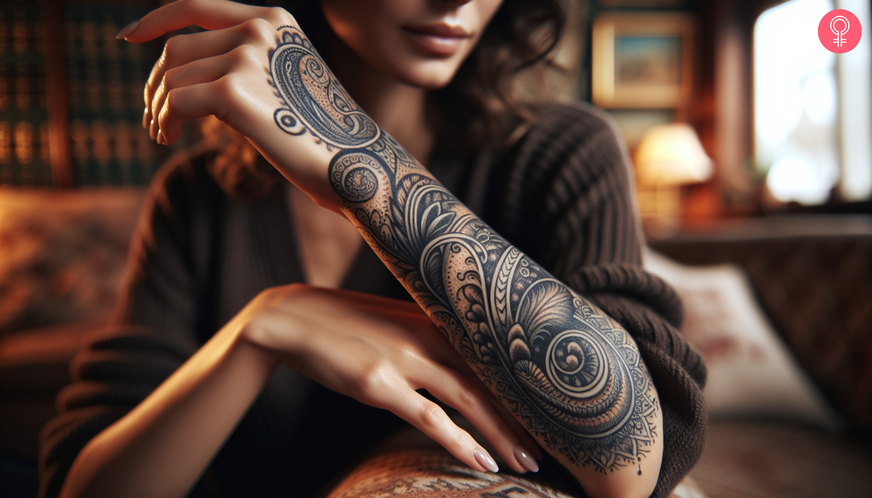 A woman with a detailed paisley tattoo sleeve with intricate designs