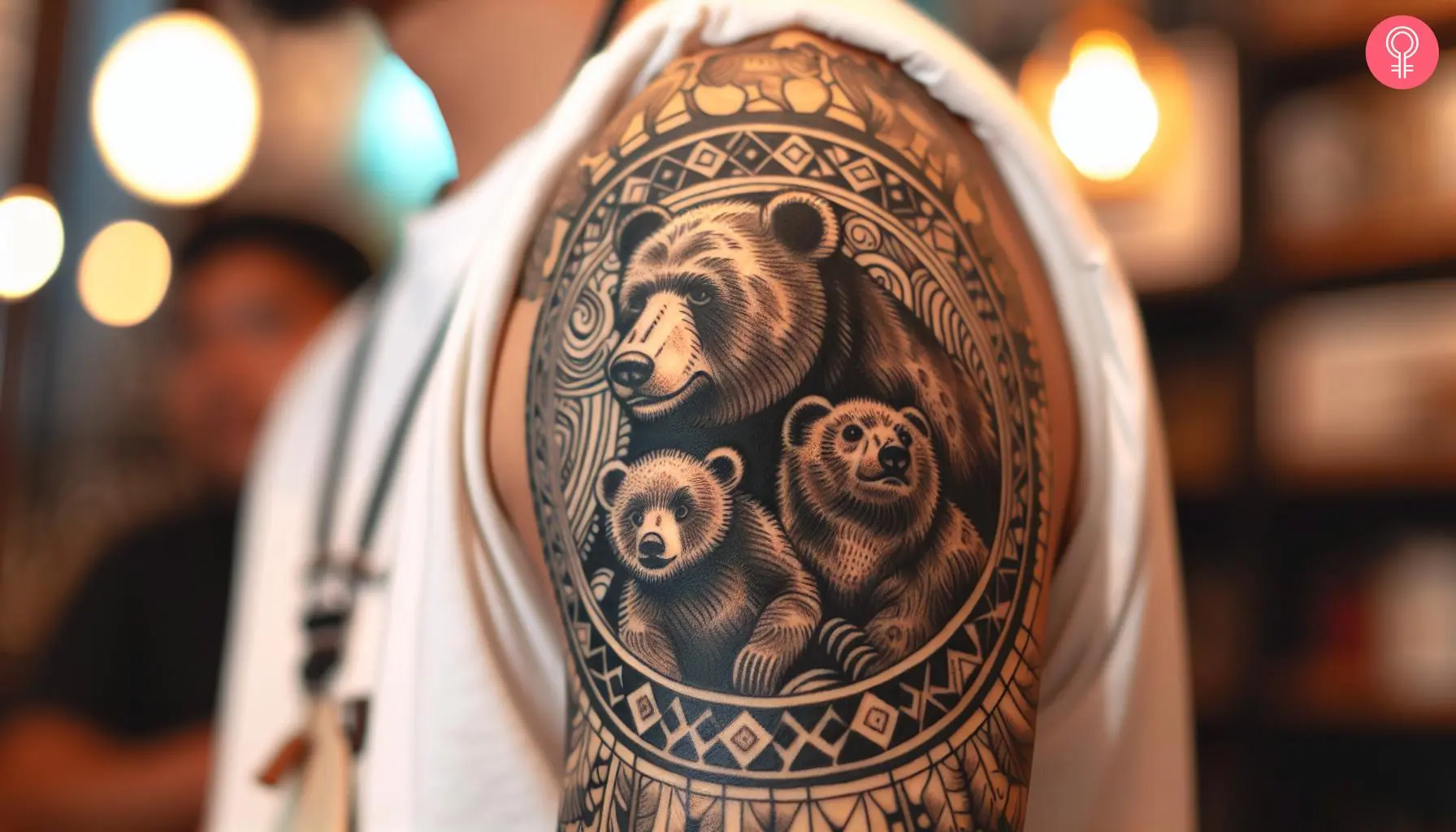 A woman with a papa bear and cubs tattoo on her upper arm