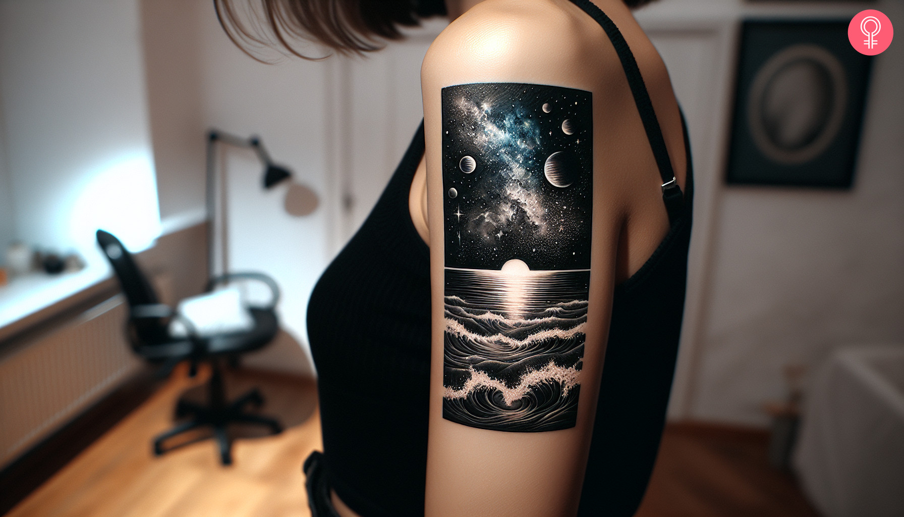 A woman with a parallel universe tattoo with ocean landscape and galaxy sky