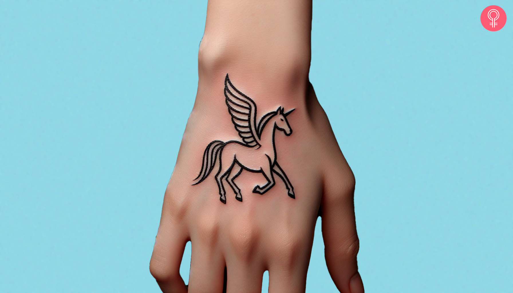 A black ink Pegasus tattoo on the hand