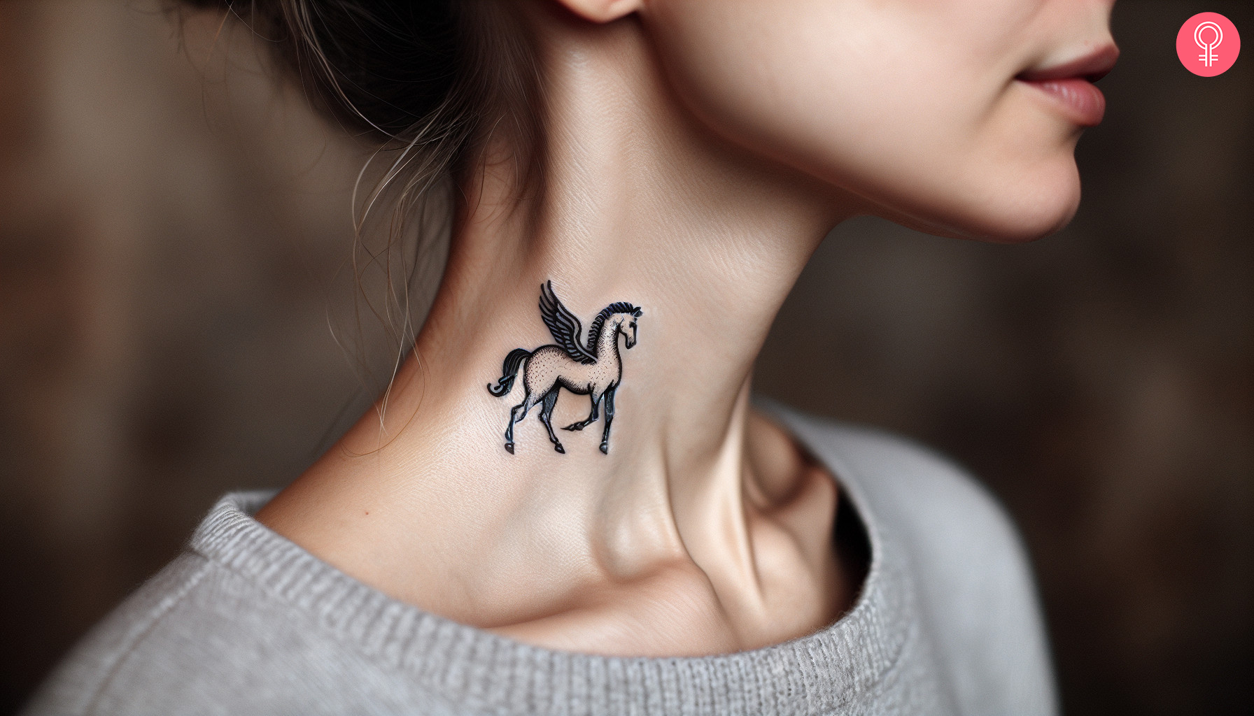 A black ink Pegasus tattoo on the neck