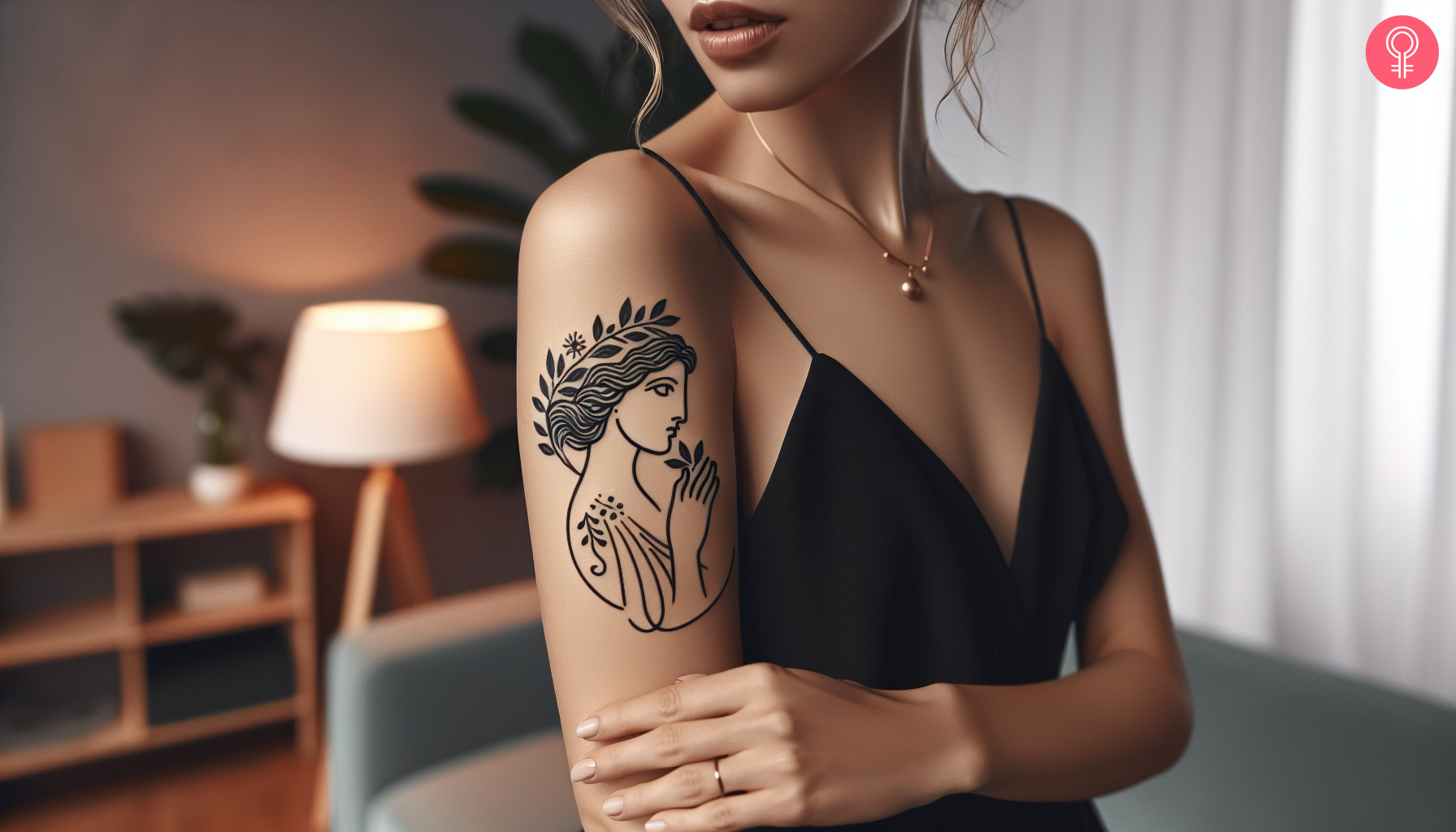 Persephone minimalist tattoo on the upper arm