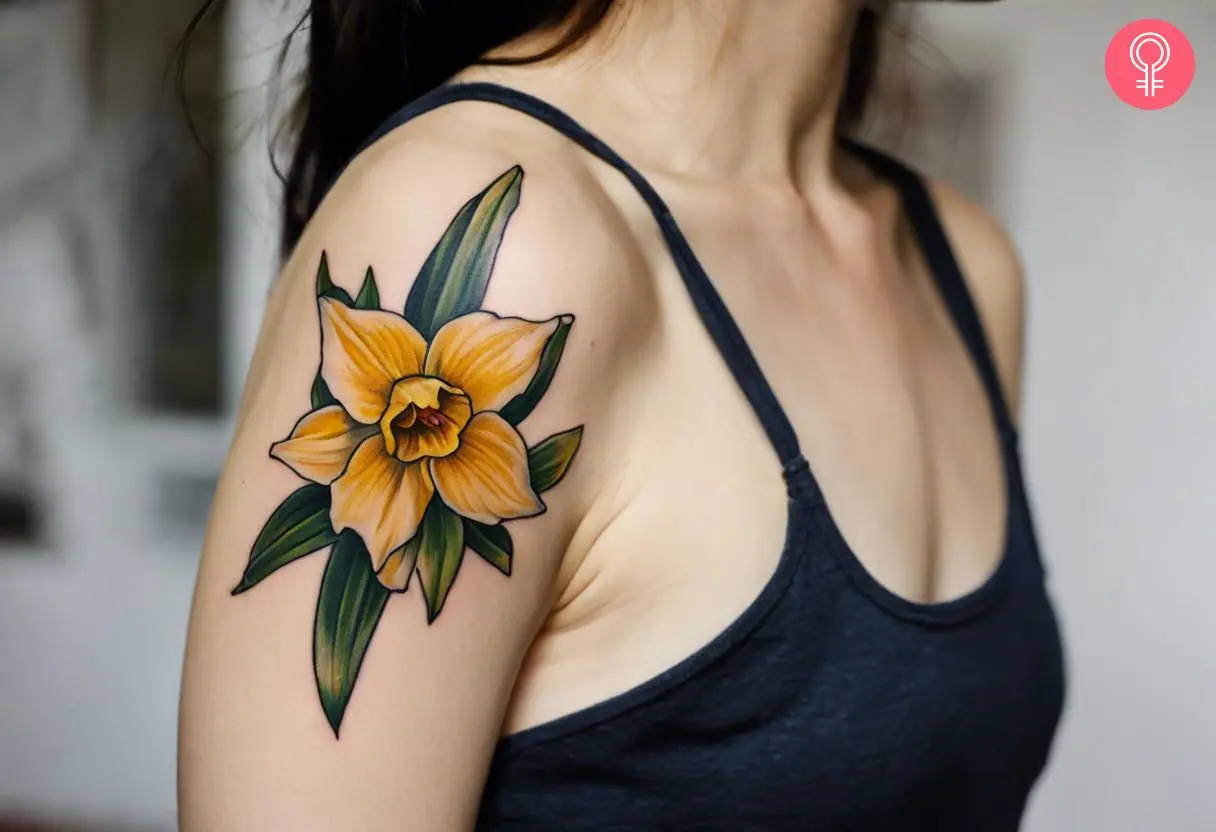 Persephone symbol narcissus flower tattoo on the arm