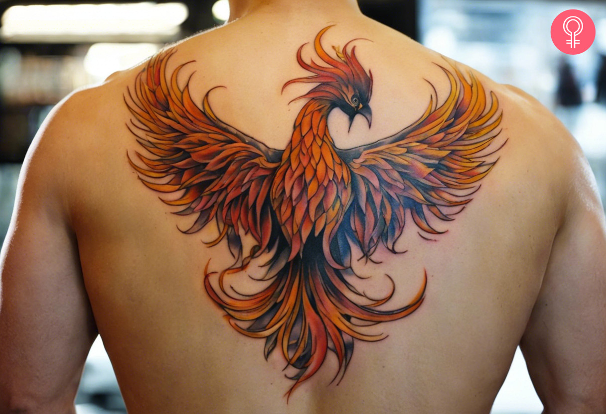 Phoenix rising tattoo on the back of a man