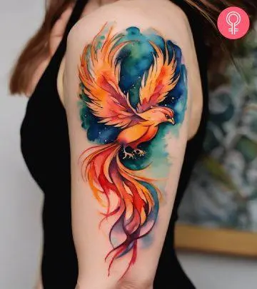 Phoenix rising tattoo on the upper arm