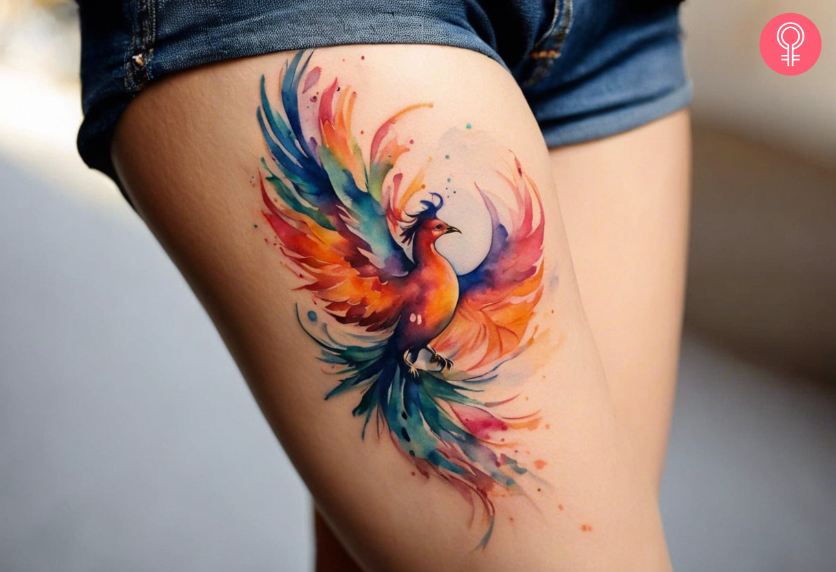 Phoenix rising thigh tattoo