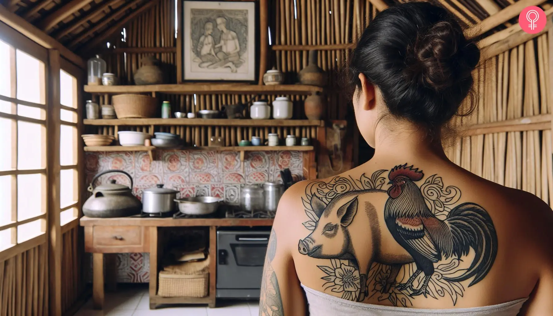 A tattoo of pig and rooster on a woman’s back