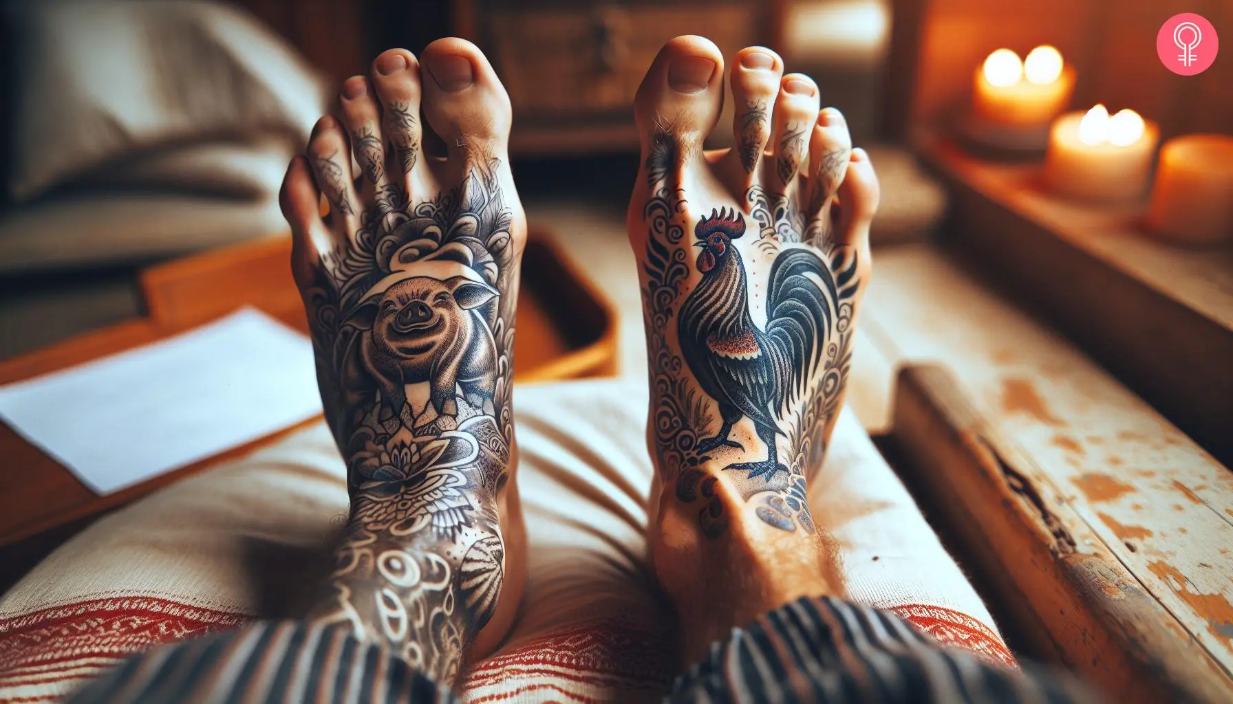 A tattoo of pig and rooster on a man’s feet