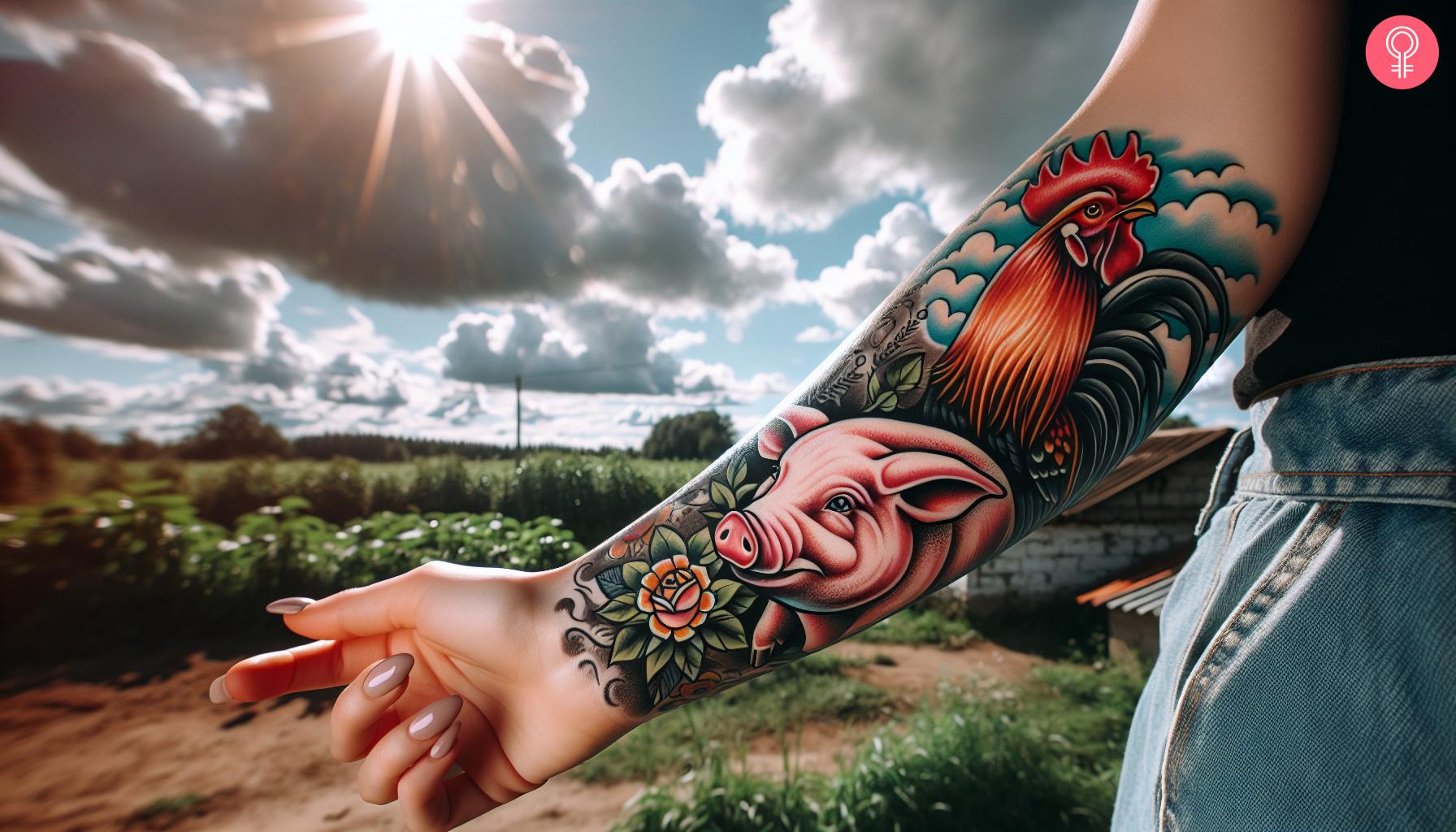 A tattoo of pig and rooster on a woman’s forearm