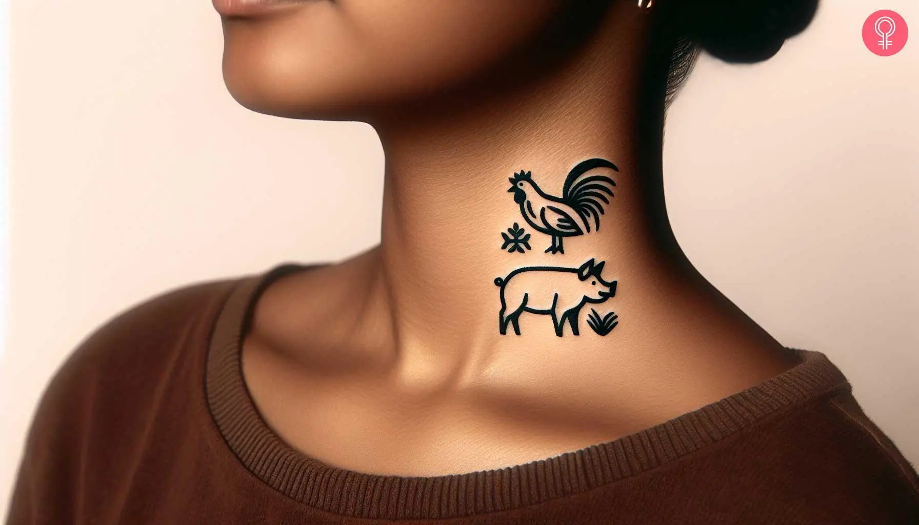 A minimalist tattoo of pig and rooster on a woman’s neck