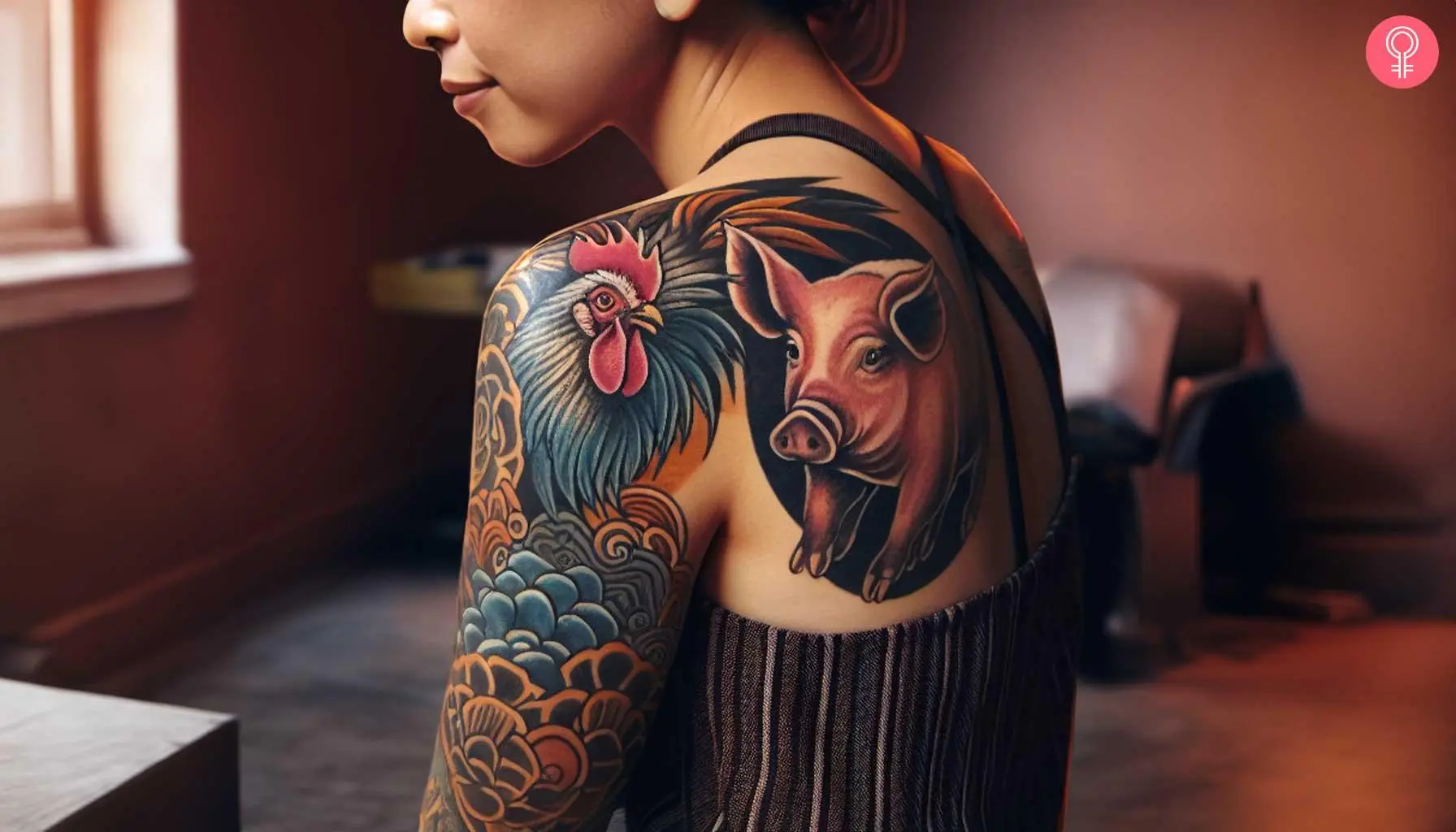 A tattoo of pig and rooster on a woman’s shoulder