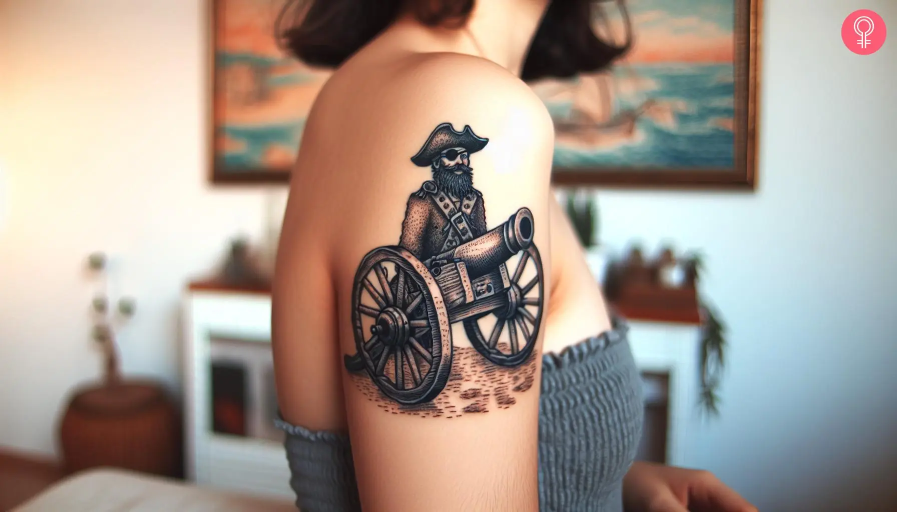 A woman with a black pirate and cannon tattoo on her upper arm