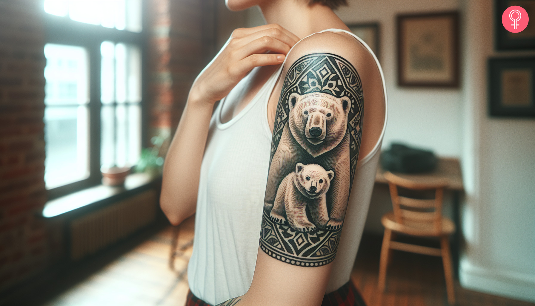 A woman with a polar bear and cub tattoo on her upper arm