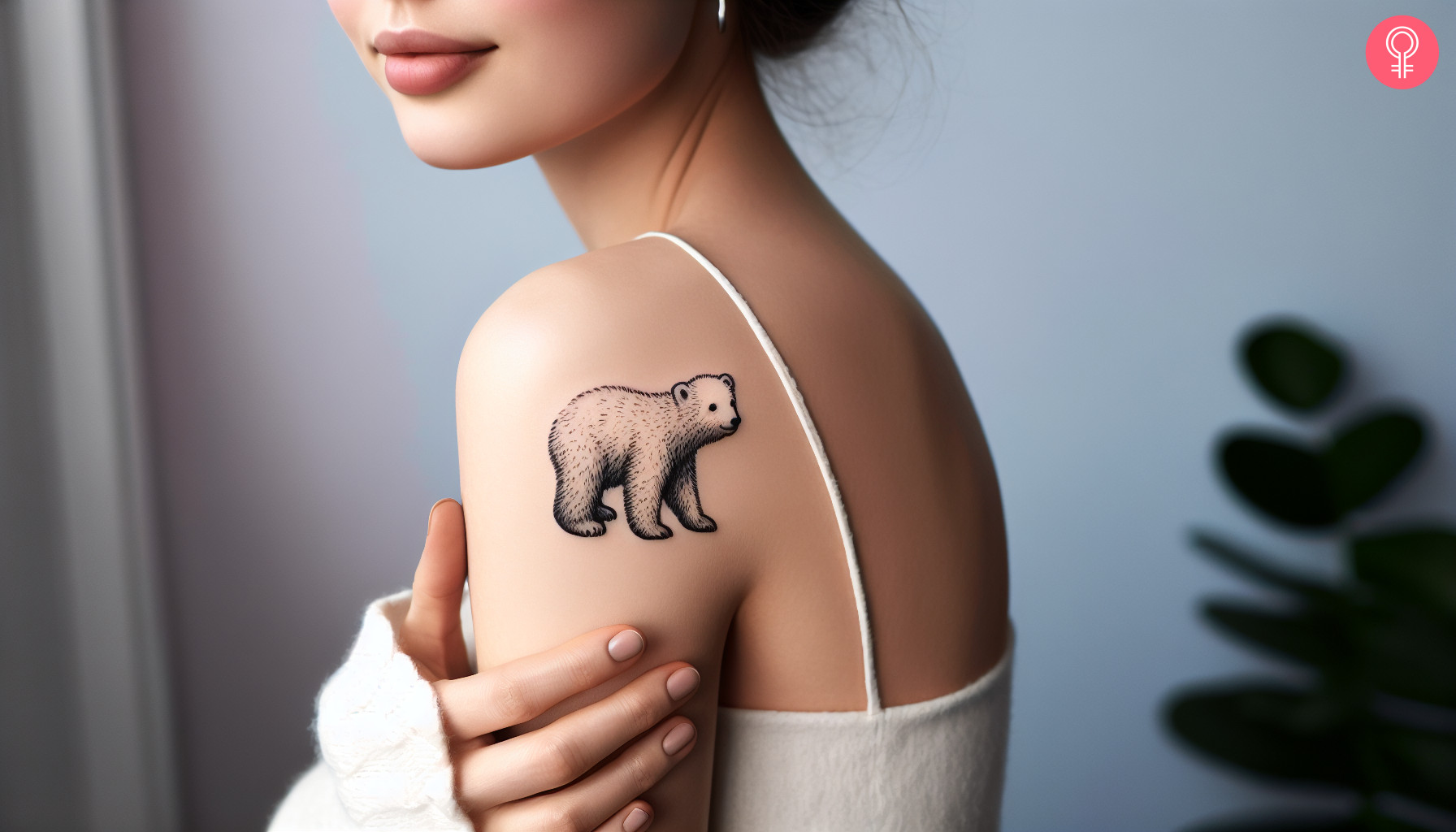 Woman with polar bear cub tattoo on her shoulder