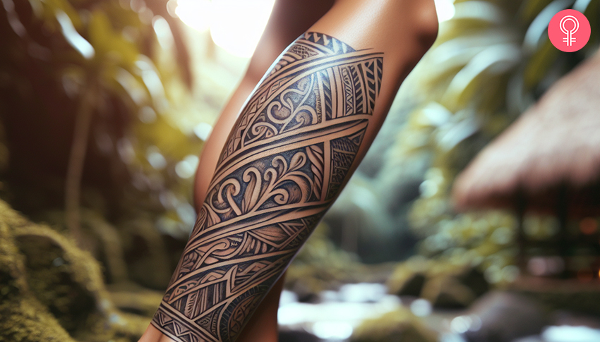 A Polynesian calf tattoo with flower petals