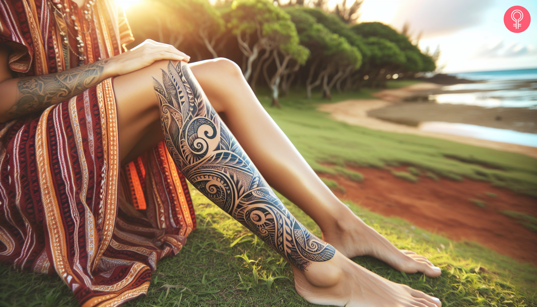 A Polynesian half-leg tattoo featuring swirls waves and dotted patterns