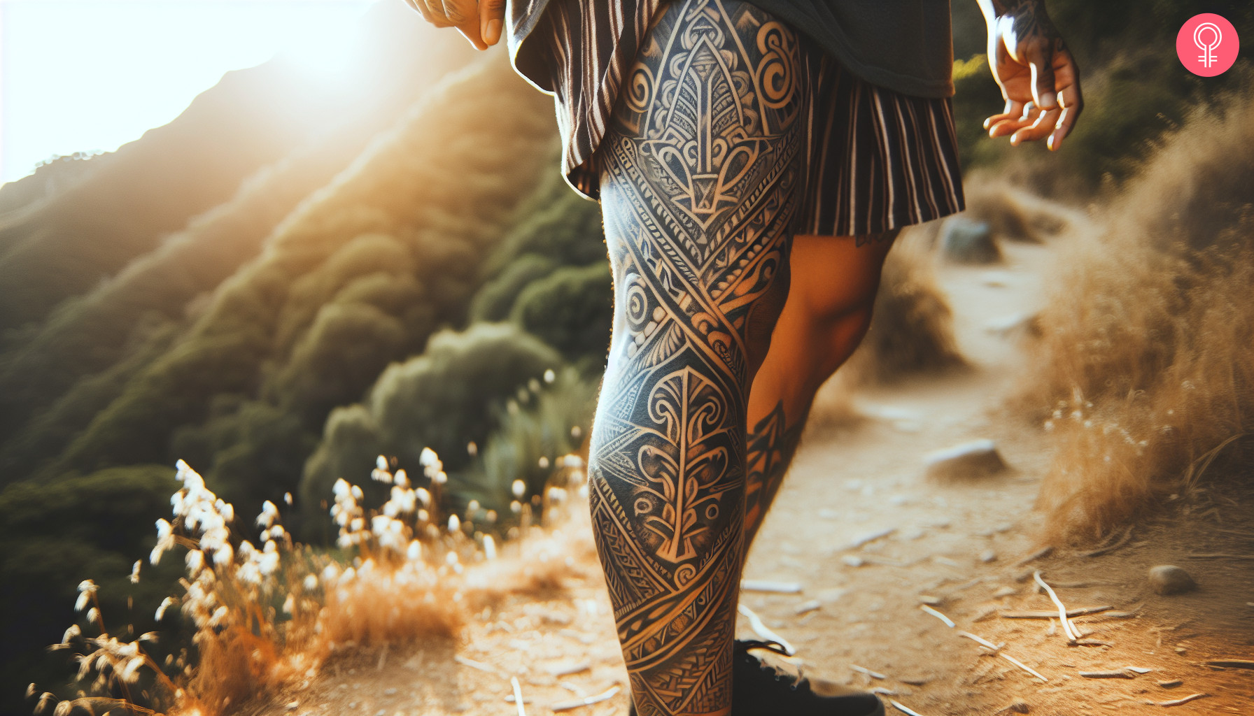 A Polynesian leg sleeve tattoo in black ink with intricate patterns