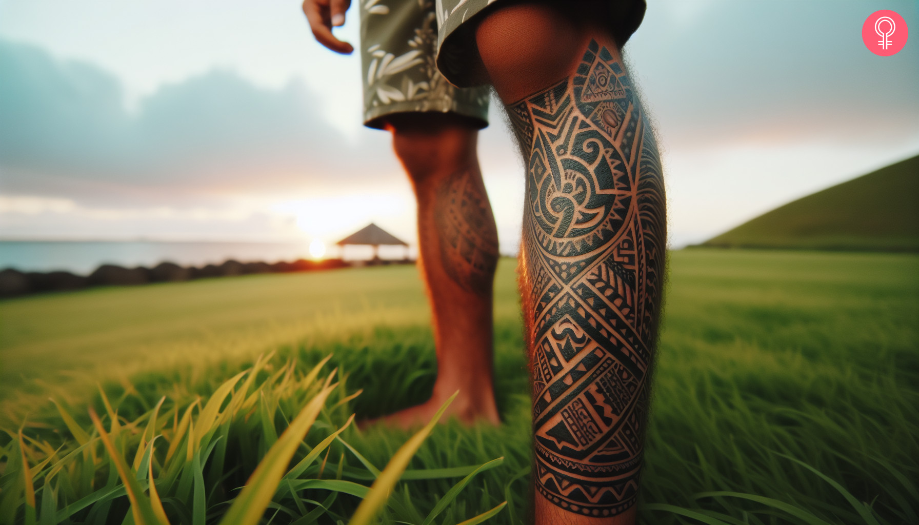 A bold black Polynesian tattoo on a man’s leg