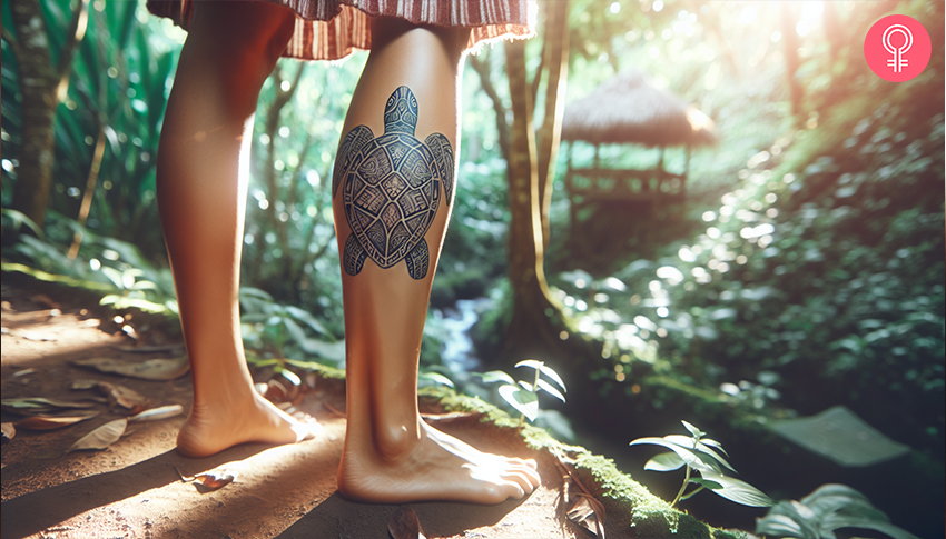 A woman with a Polynesian turtle tattoo on her calf