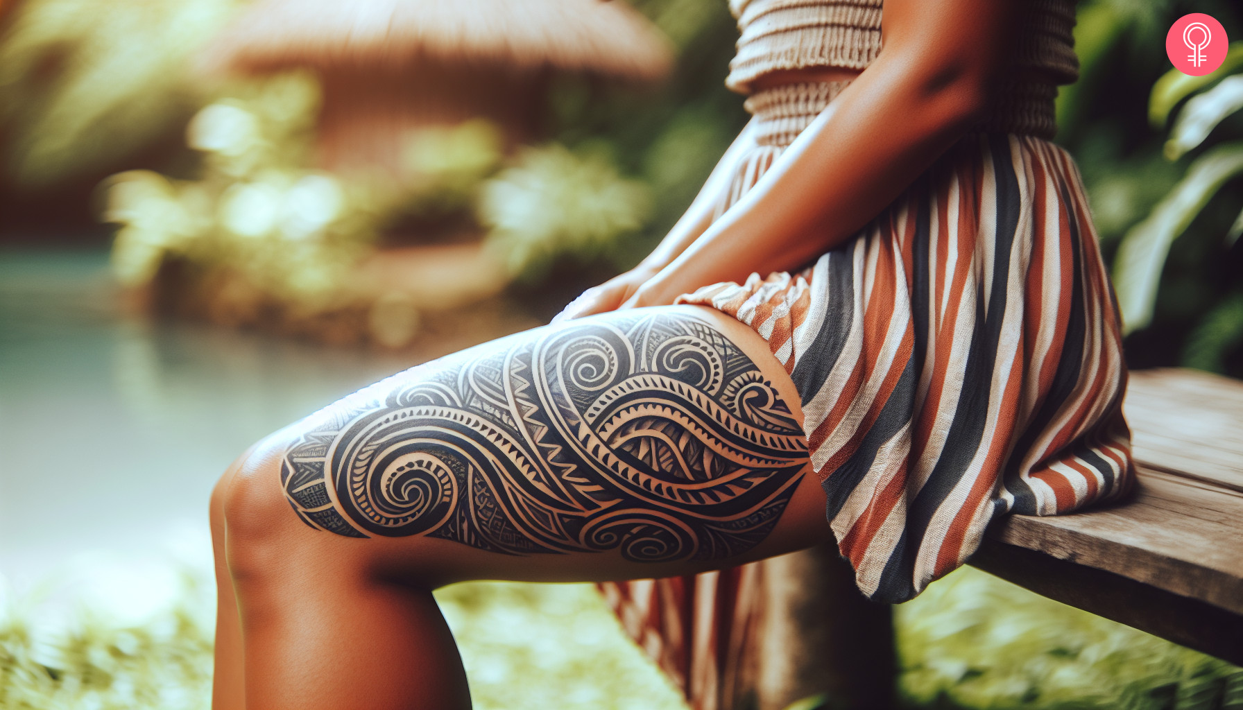 A woman with a Polynesian tattoo on her thigh