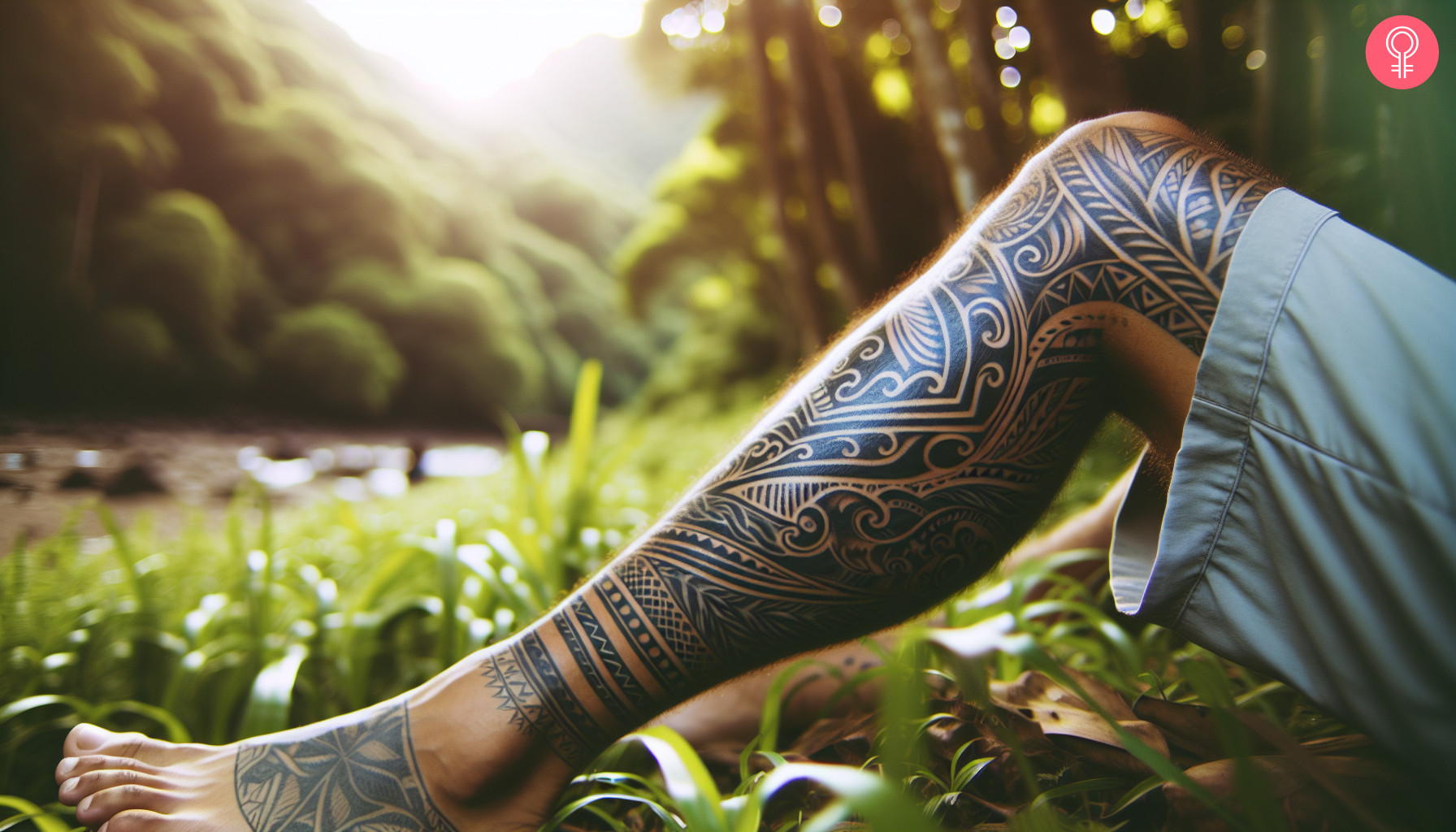 A Polynesian tribal tattoo on a woman’s leg