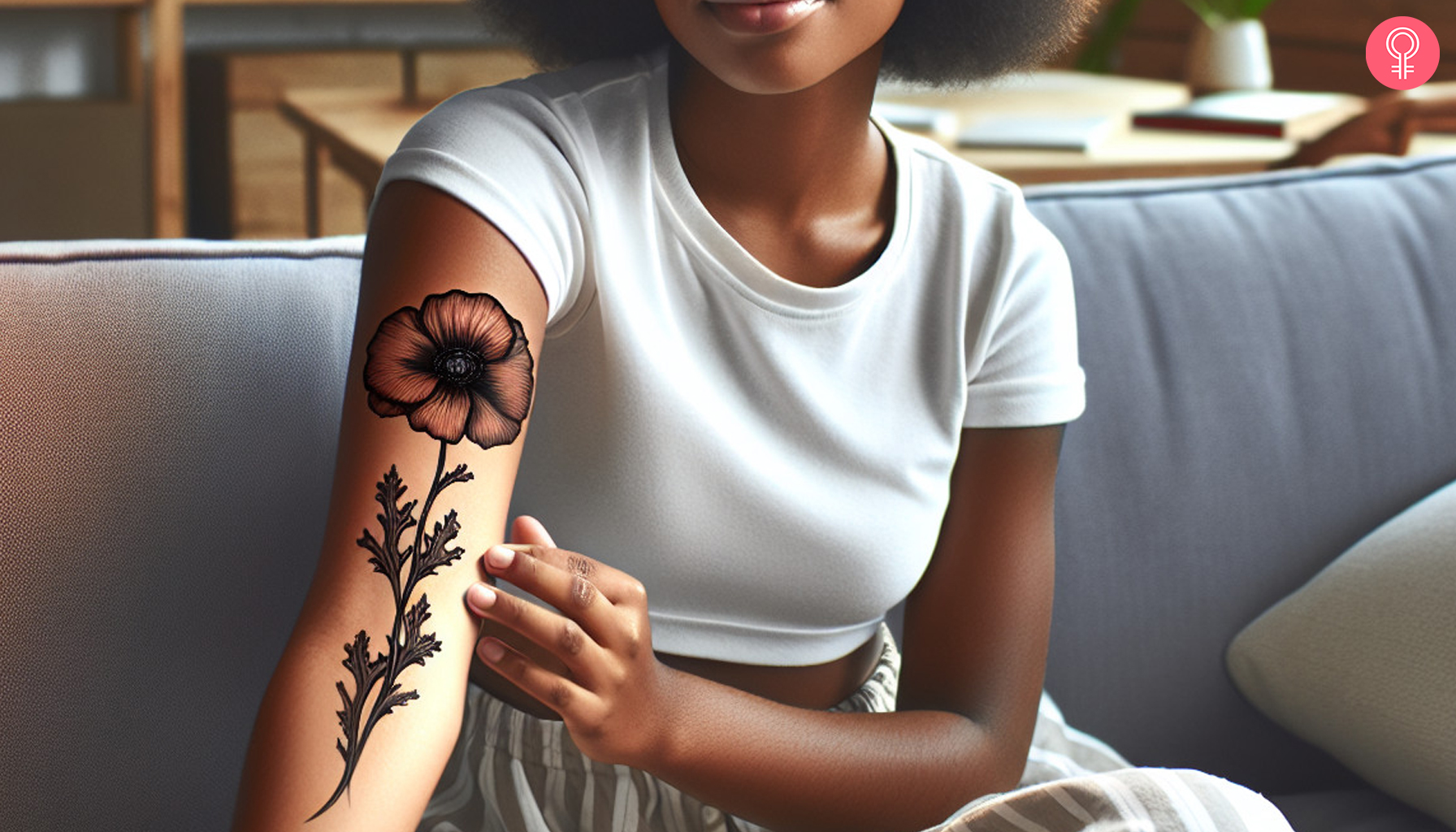 A poppy August birth flower tattoo on a woman’s arm