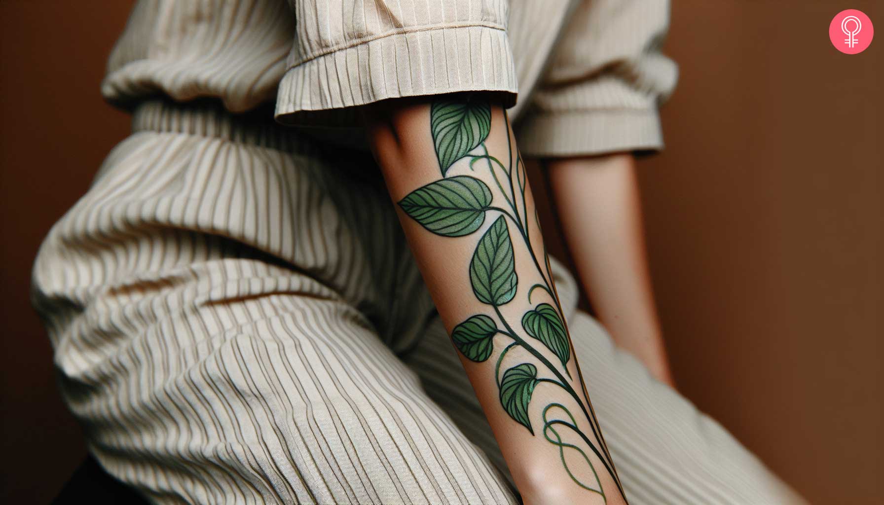 A sleeve tattoo of the Pothos vine on the forearm