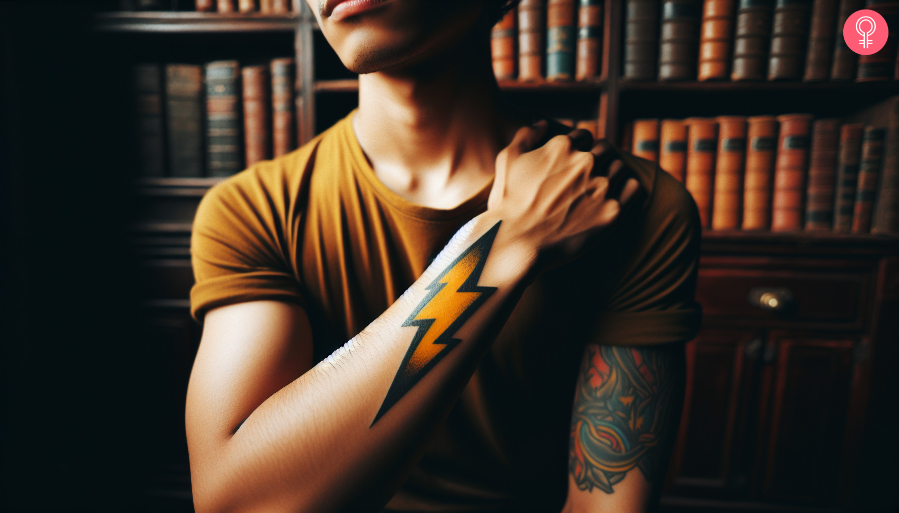 A yellow and black Power Rangers Lightning Bolt tattoo