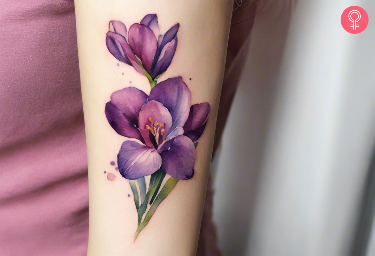 Purple watercolor freesia tattoo on the forearm