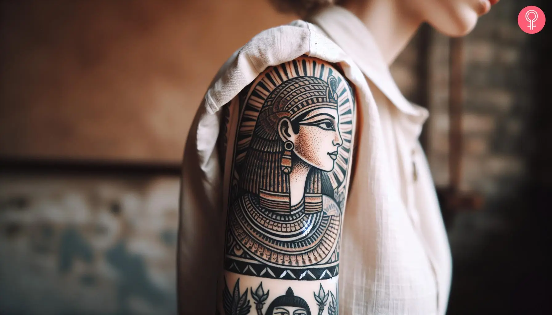 A woman with a Queen Cleopatra tattoo on her upper arm