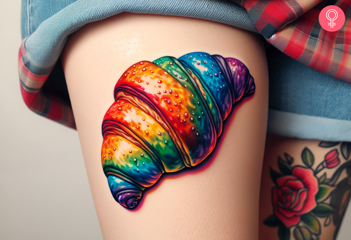 Woman with rainbow croissant tattoo on her thigh