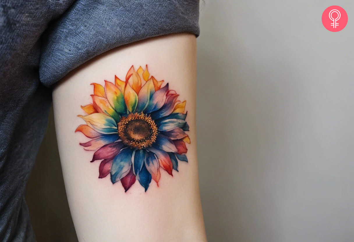 Rainbow sunflower tattoo on a woman’s arm