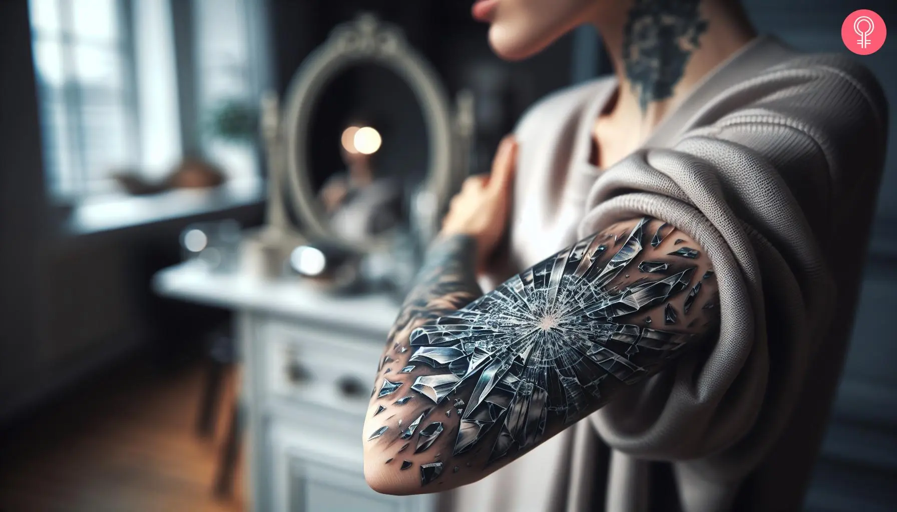 A woman with a realism broken glass tattoo on her upper arm