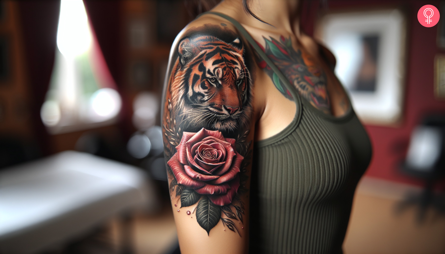 A woman with a realistic tiger rose tattoo on her upper arm