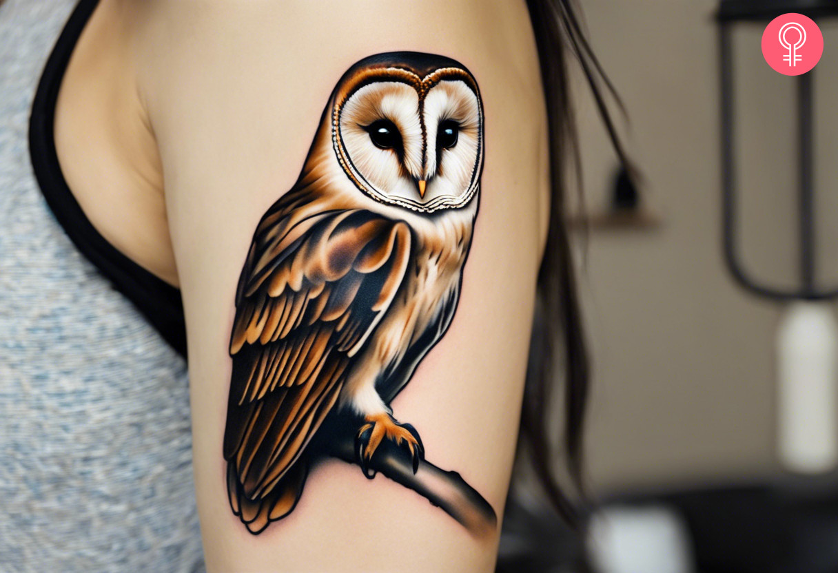 A woman with a colored realistic barn owl tattoo on her upper arm