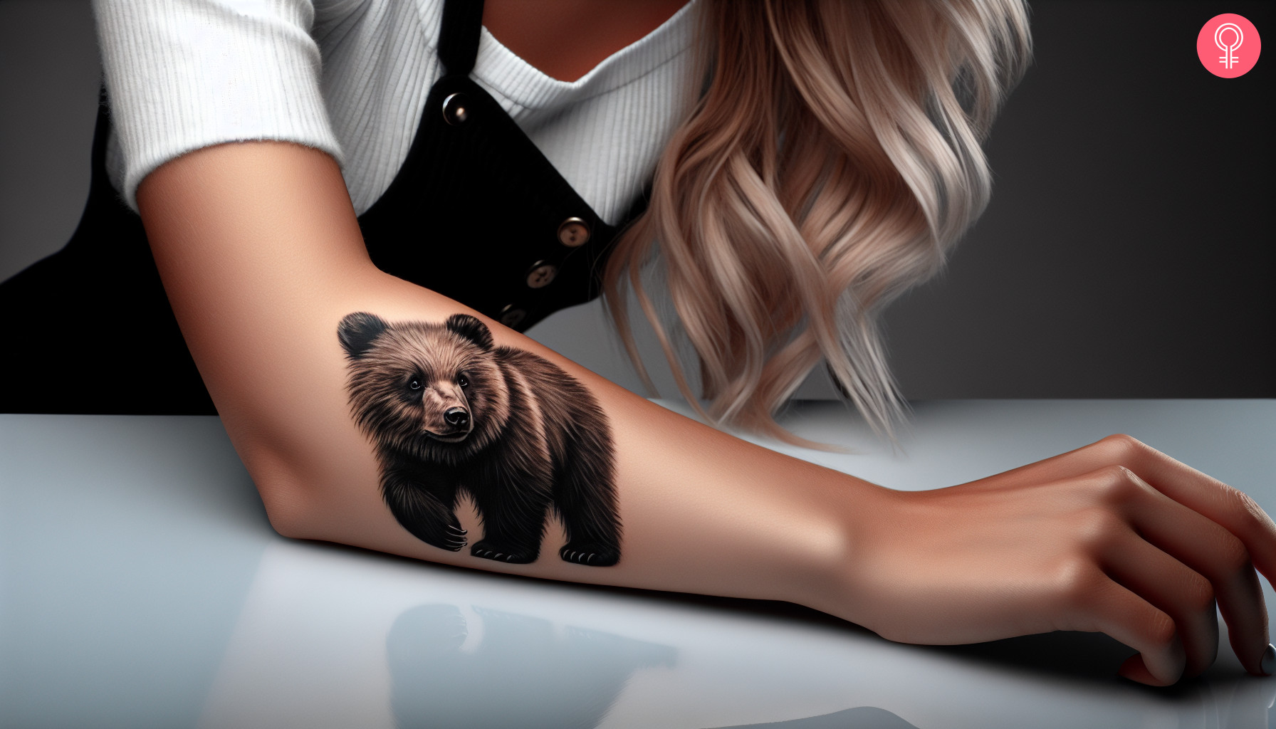 Woman with realistic bear cub tattoo on her forearm