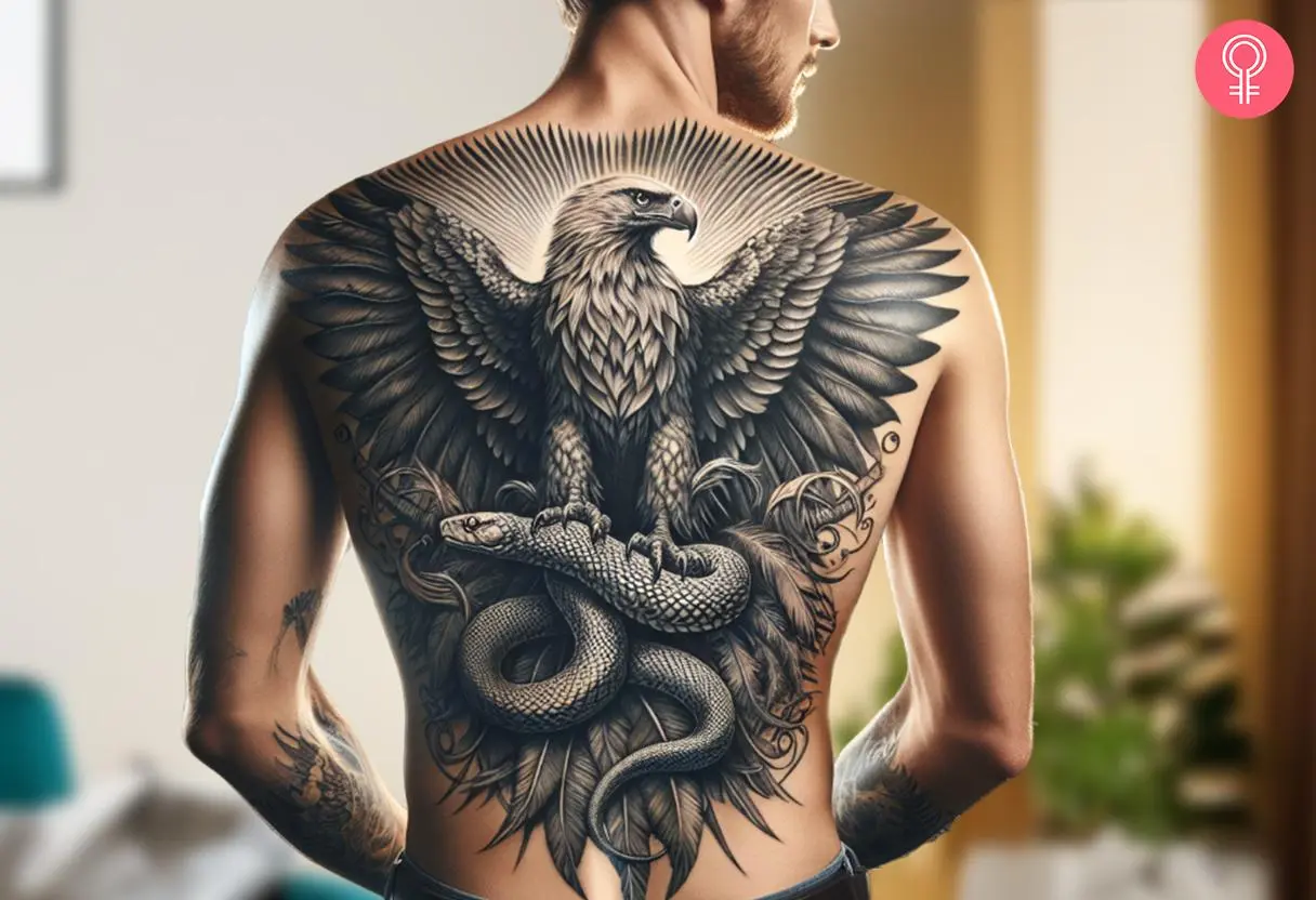 A man with a realistic eagle and snake tattoo on his back